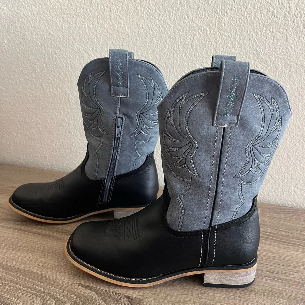 Vodvob Unisex Kids Boots 3 Black/blue Zip Pull on Western Rodeo Cowboy Cowgirl